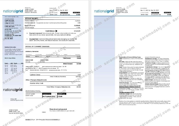 USA Nationalgrid electric utility  bill Word and PDF formats, 2 pages